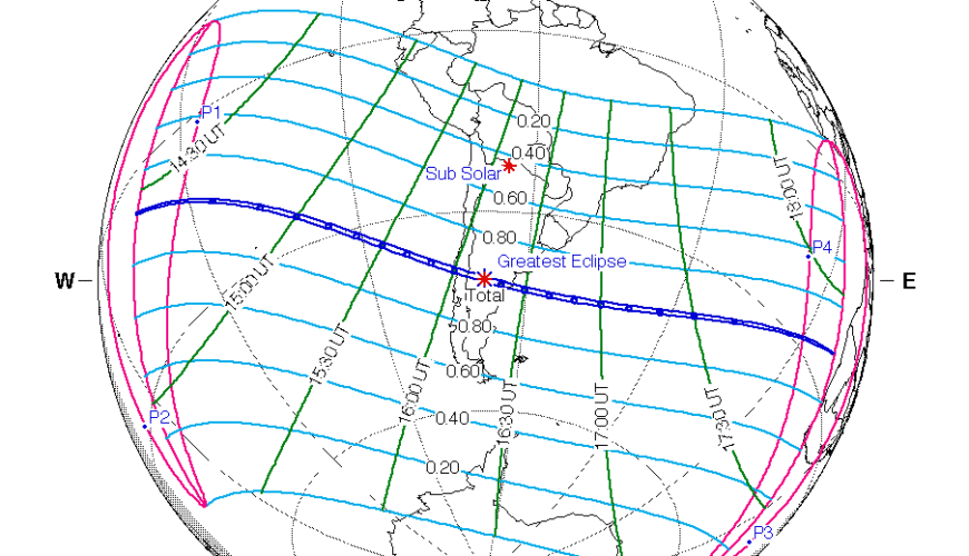 Mapa geográfico mostrando a faixa de totalidade do eclipse solar do próximo dia 14 (adaptado de Fred Espenak, NASA).