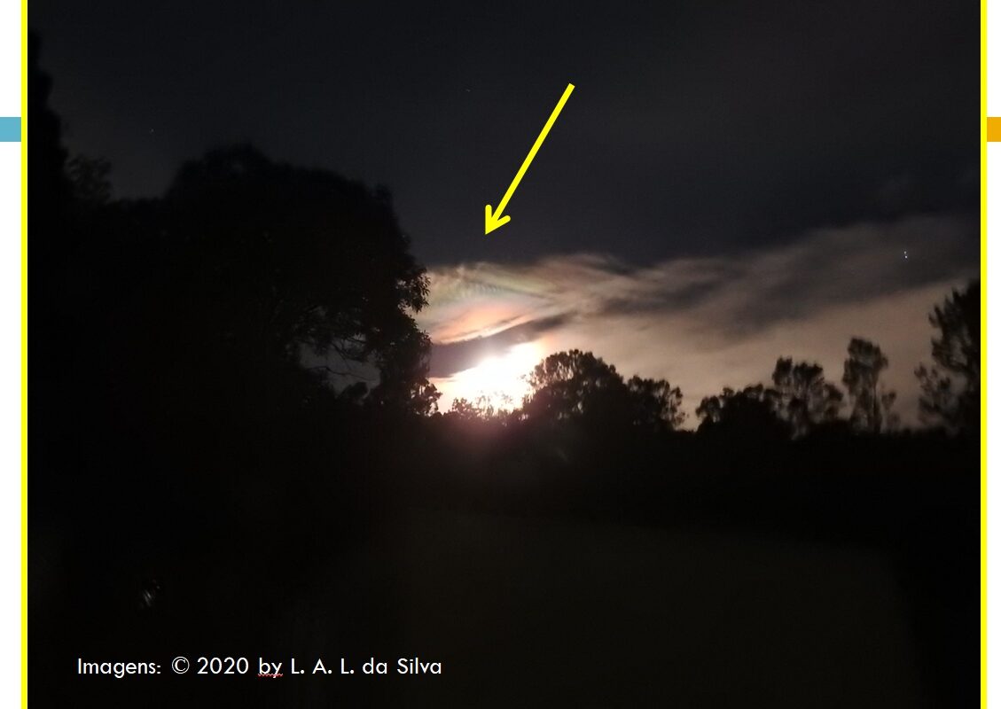 As imagens a seguir mostram nuvens altas, possivelmente do tipo Cirrocumulus (Cc), iluminadas pela Lua Cheia, produzindo iridescência noturna, fotografadas a partir do Observatório Astronômico Tarântula, zona rural de Novo Hamburgo, Brasil, em Novembro, 30, 2020, 00h03min TU.