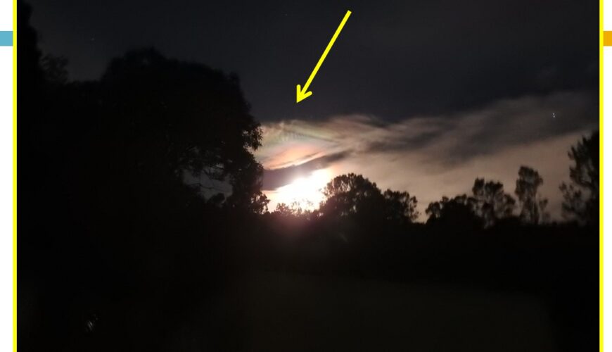 As imagens a seguir mostram nuvens altas, possivelmente do tipo Cirrocumulus (Cc), iluminadas pela Lua Cheia, produzindo iridescência noturna, fotografadas a partir do Observatório Astronômico Tarântula, zona rural de Novo Hamburgo, Brasil, em Novembro, 30, 2020, 00h03min TU.